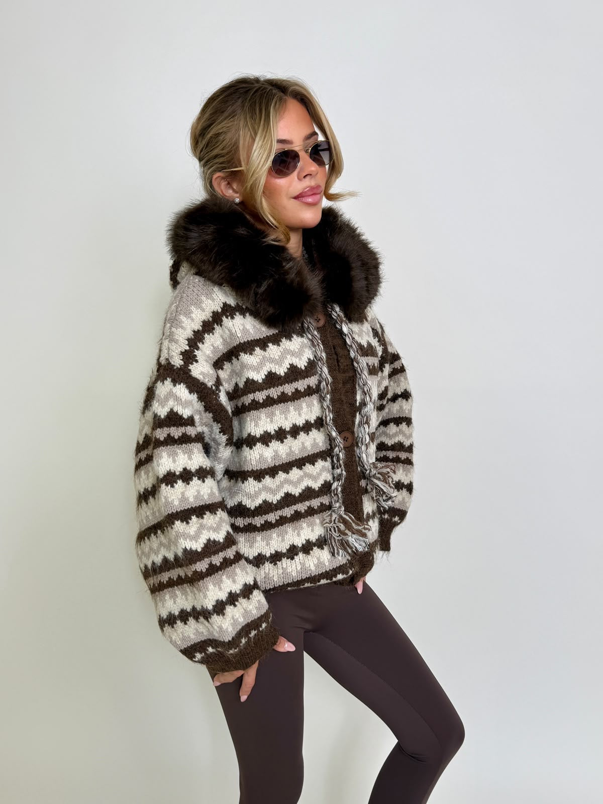 Aztec faux fur cardigan - brown