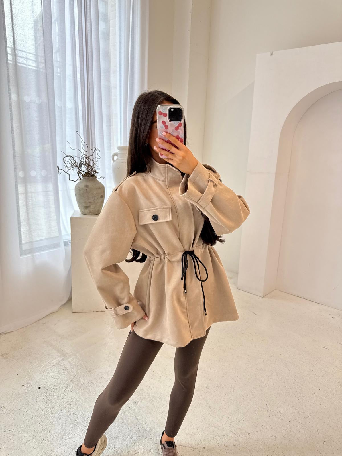 Suede pull in jacket - beige