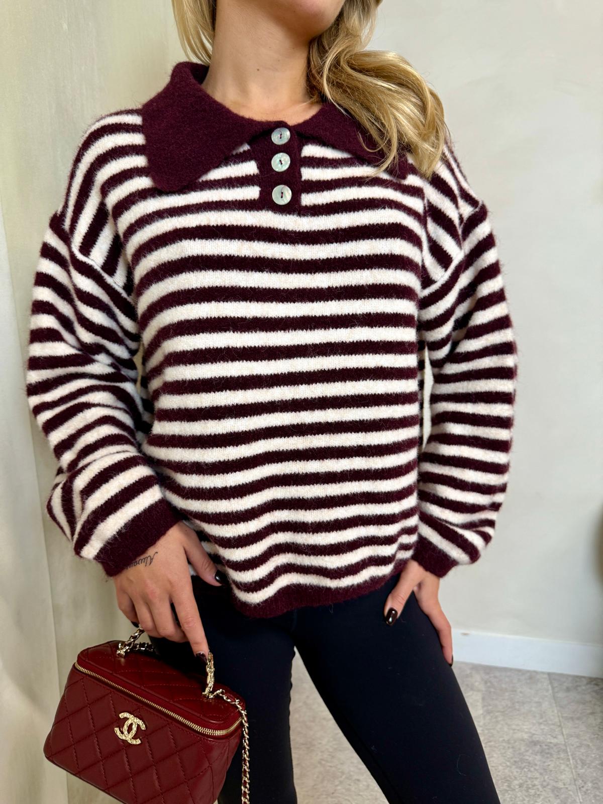 Stripe knit collar top - burgundy
