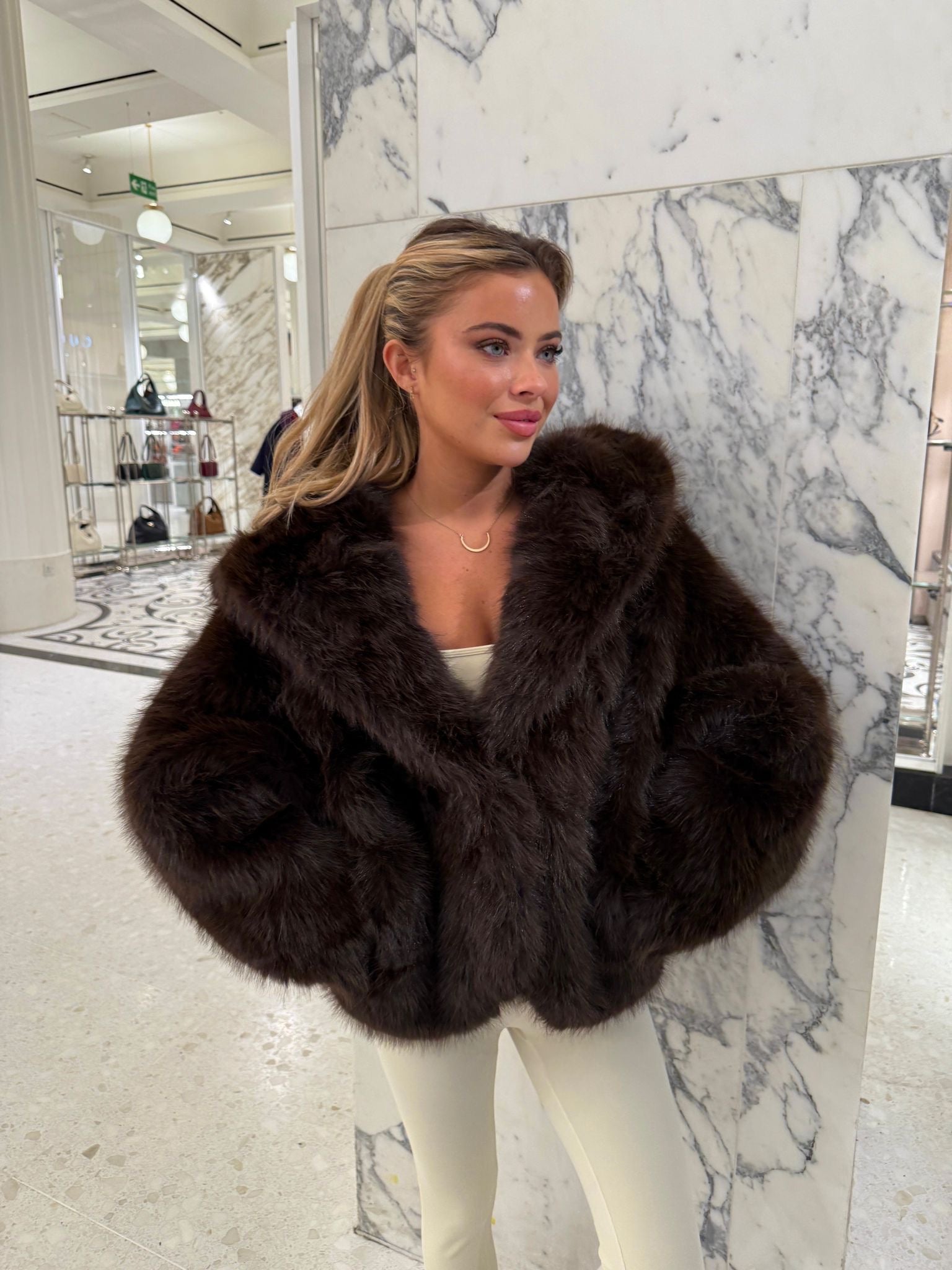 Hood Faux Fur Coat - Brown