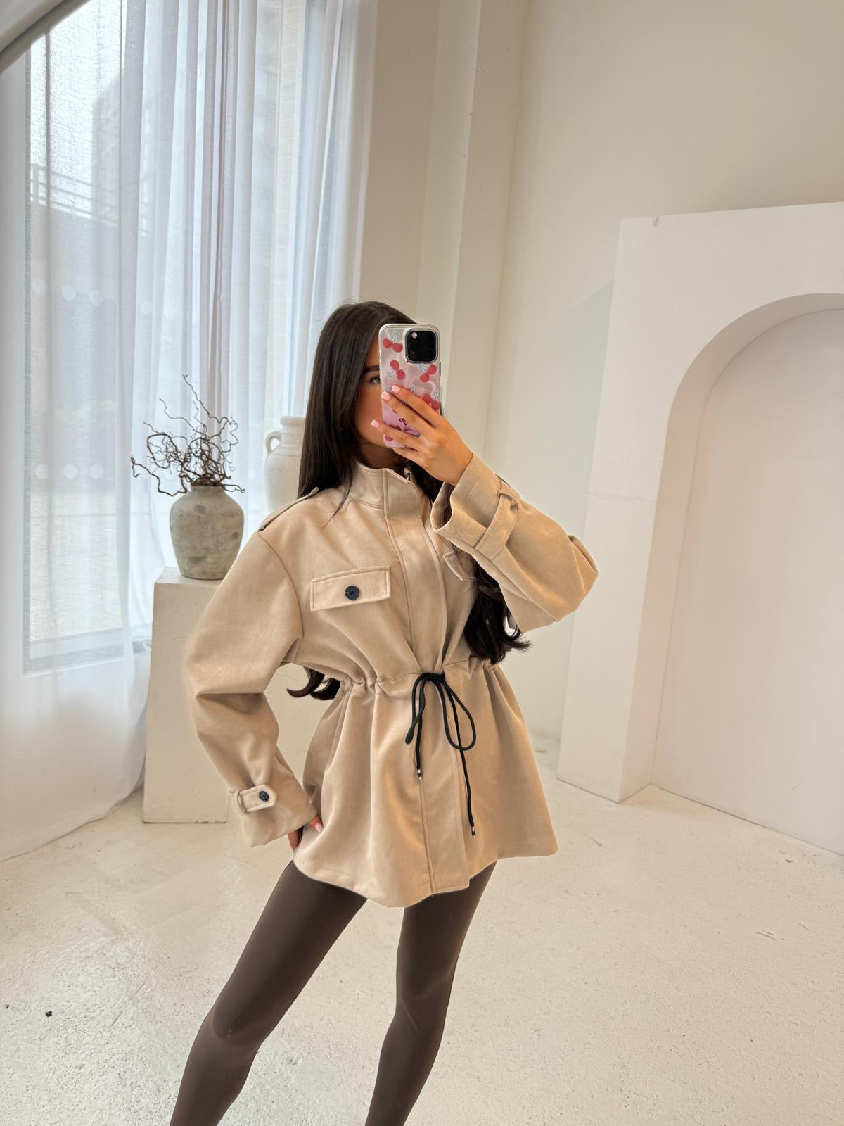 Suede pull in jacket - beige