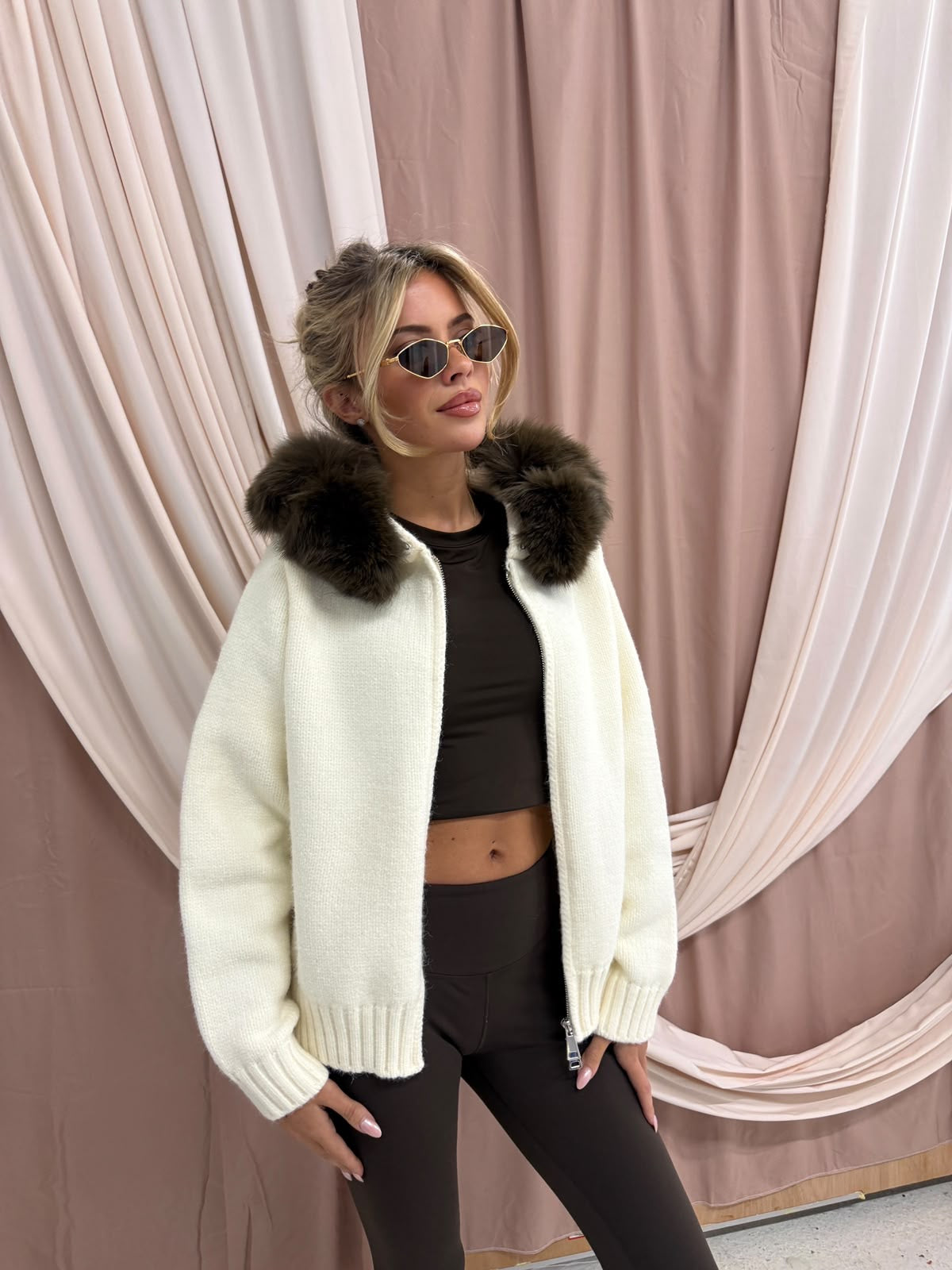 Luxury Fur Cardigan Jacket - cream with brown fur PRE ORDER