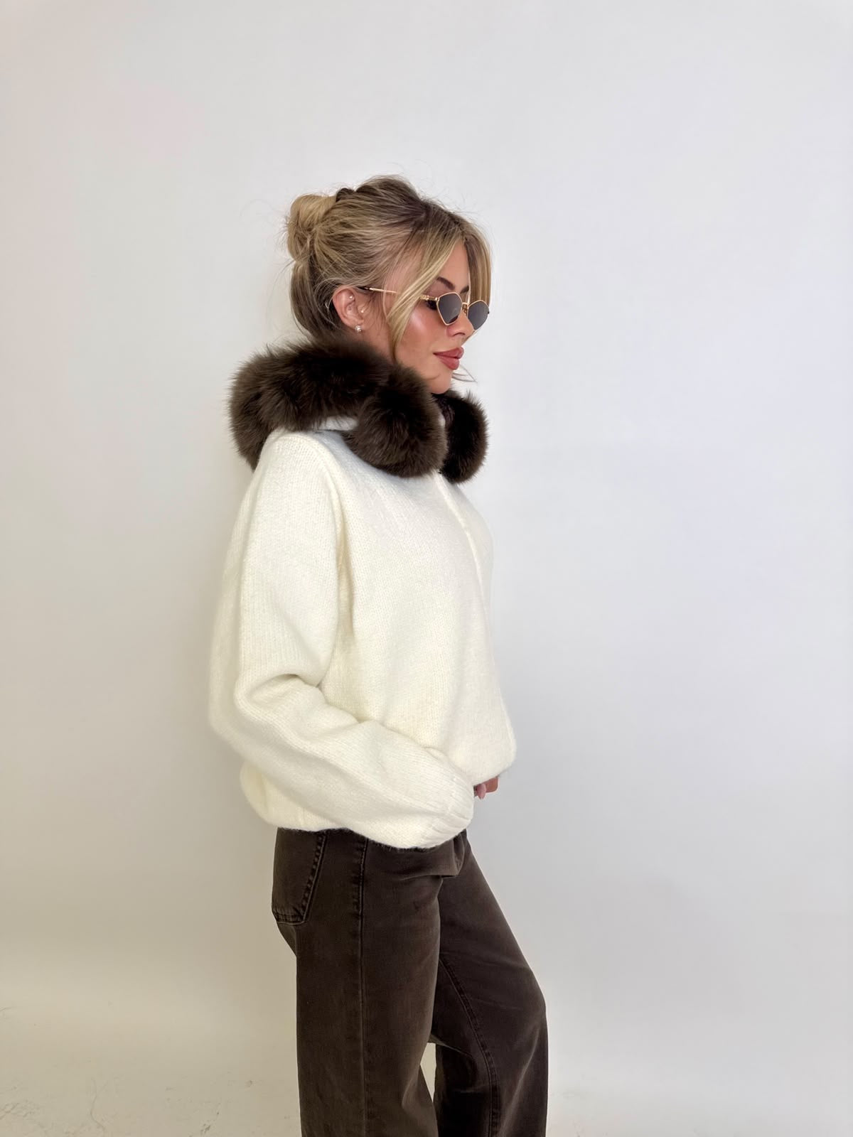 Luxury Fur Cardigan Jacket - cream with brown fur PRE ORDER