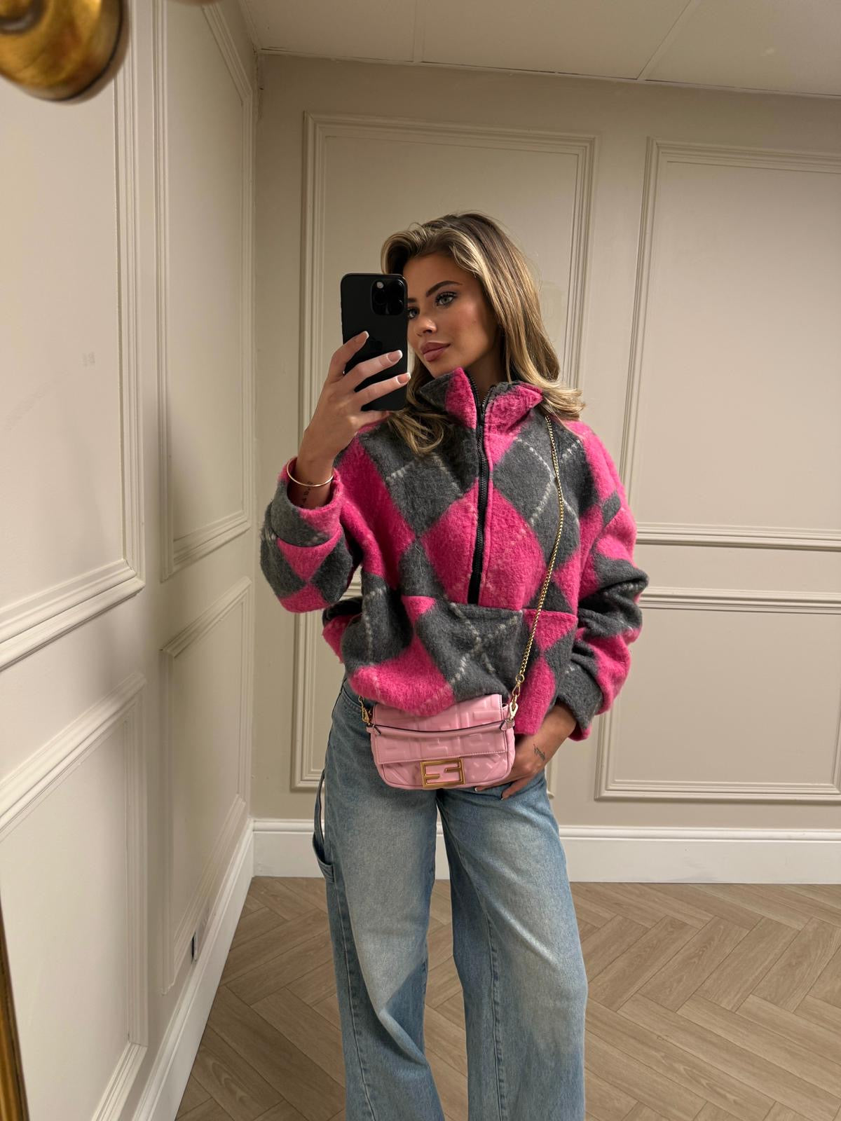 Check half zip fleece - pink