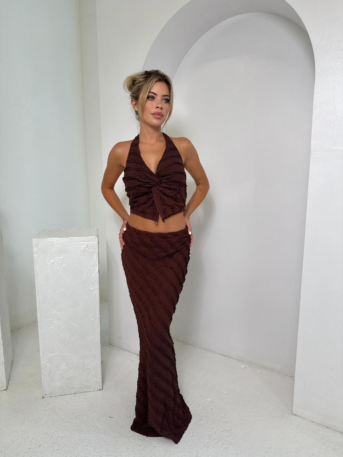 Halterneck crinkle skirt co-ord - brown