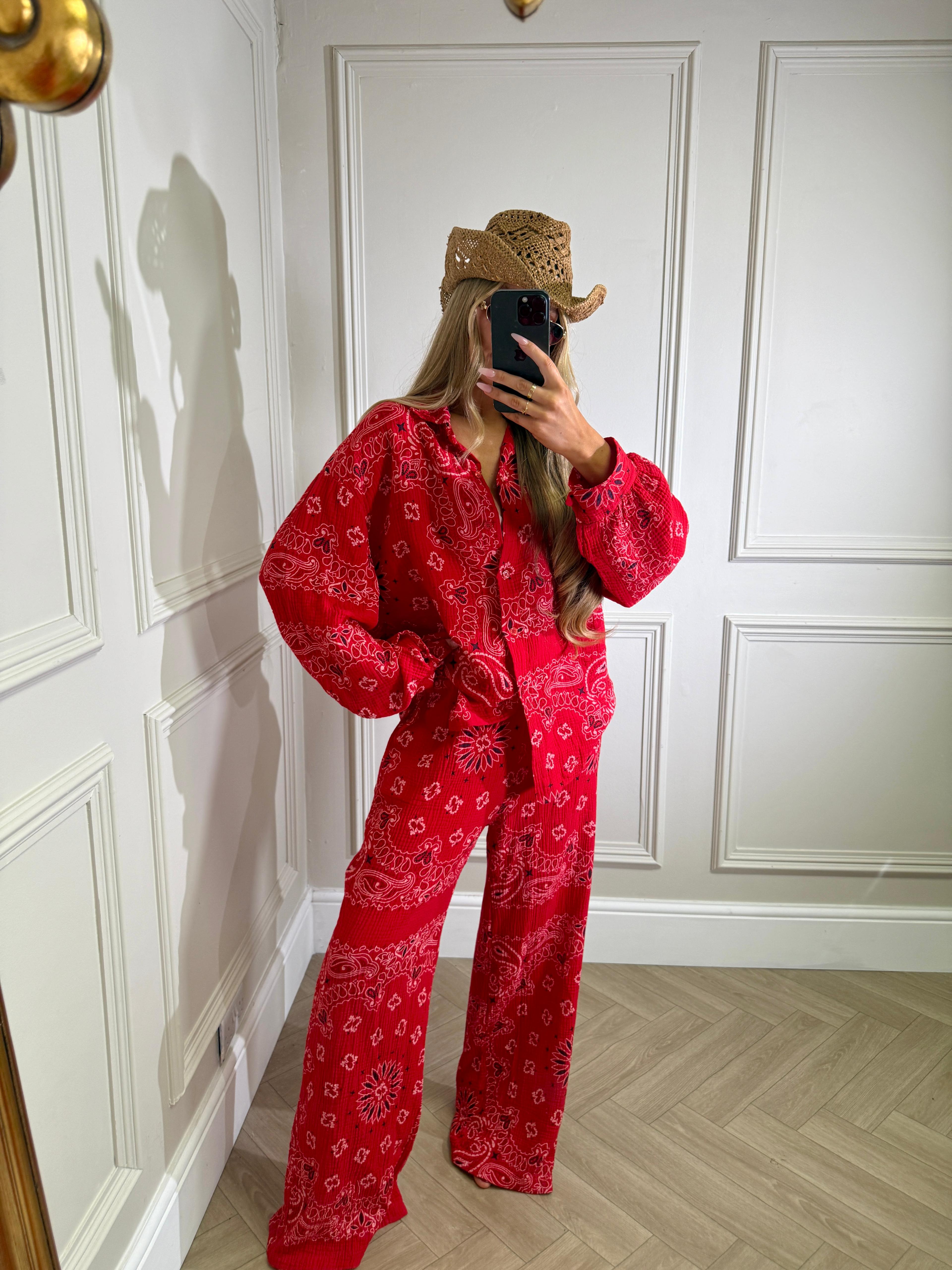 Bandana linen trouser set - red