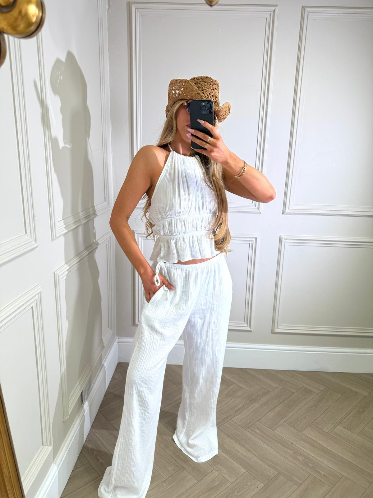 Olivia cheesecloth trouser set - white