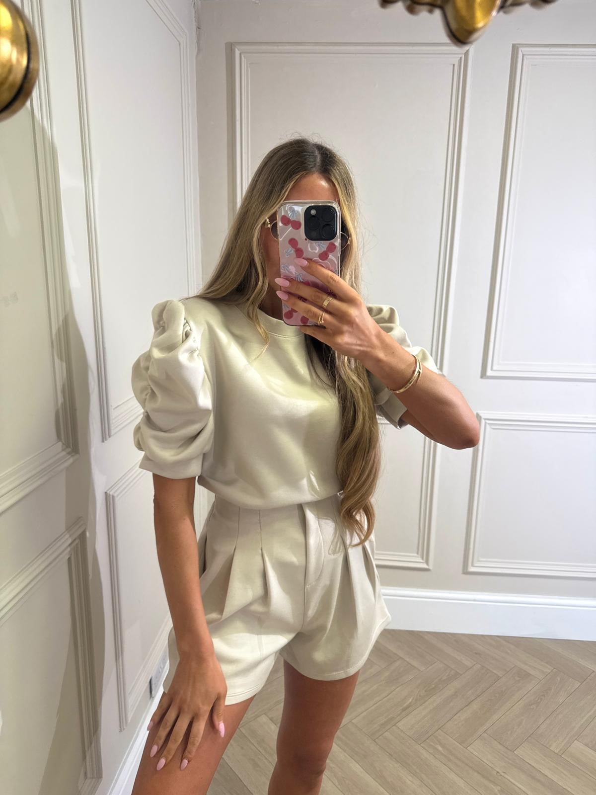 Ruched arm short set - beige