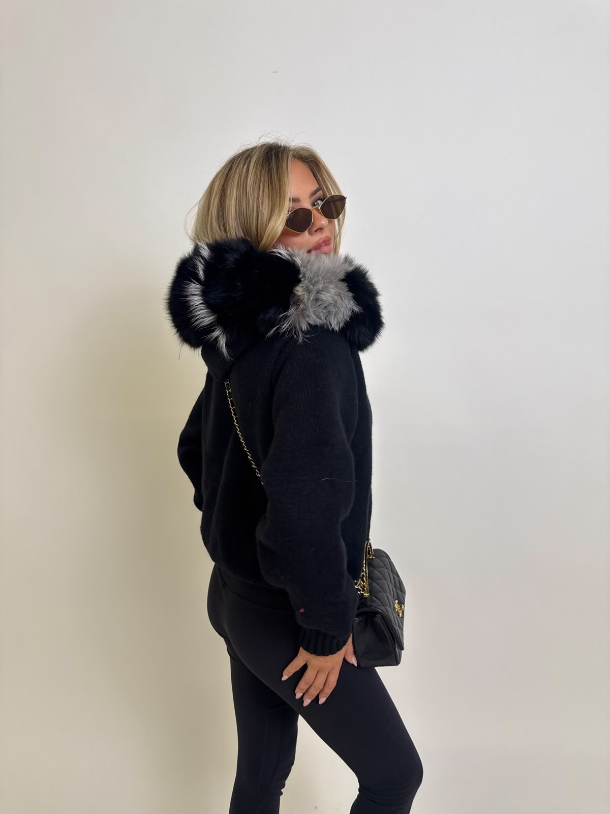 Luxury Fur Cardigan Jacket - black with grey fur