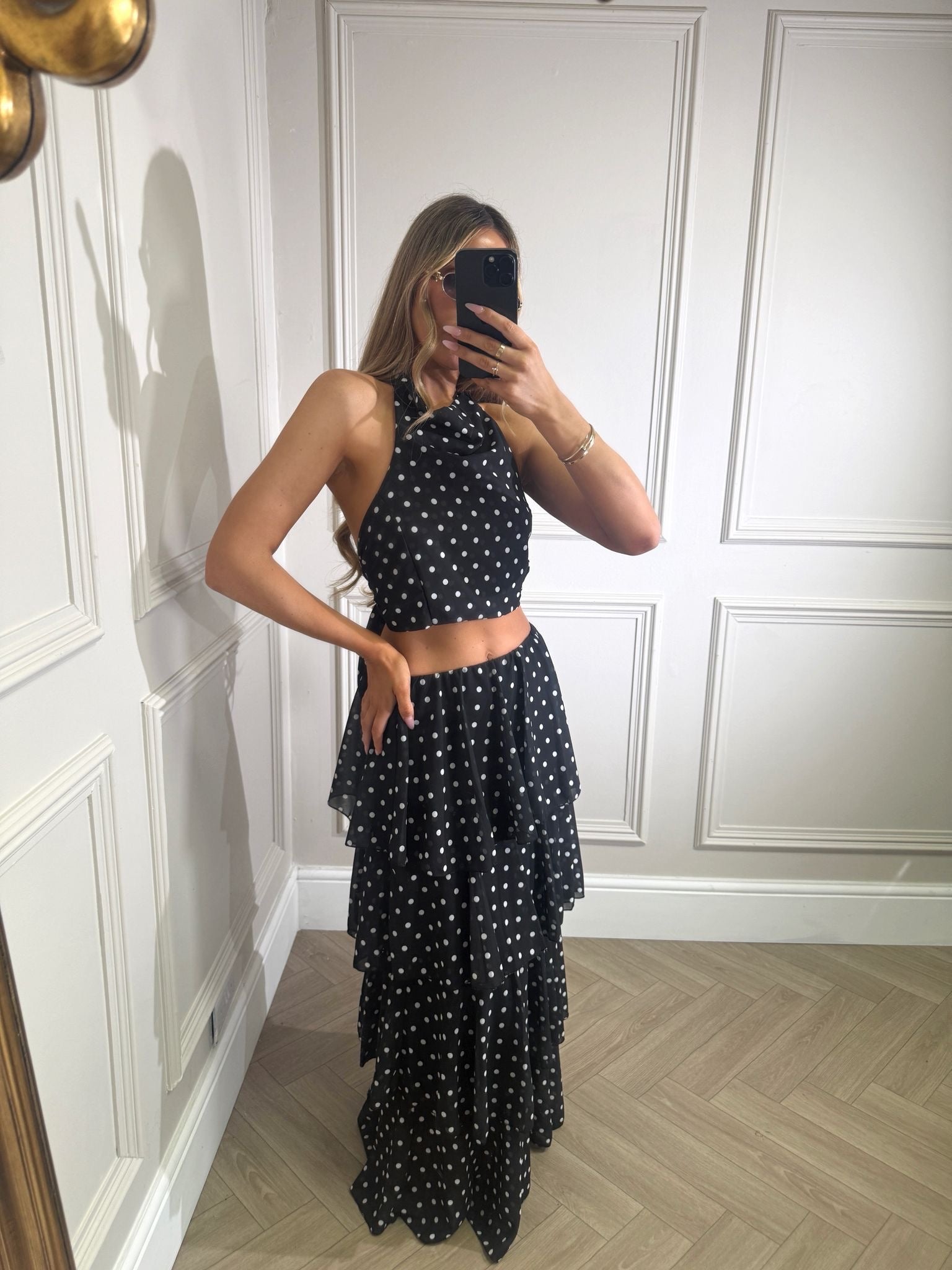 Maxi ruffle dot skirt set - black