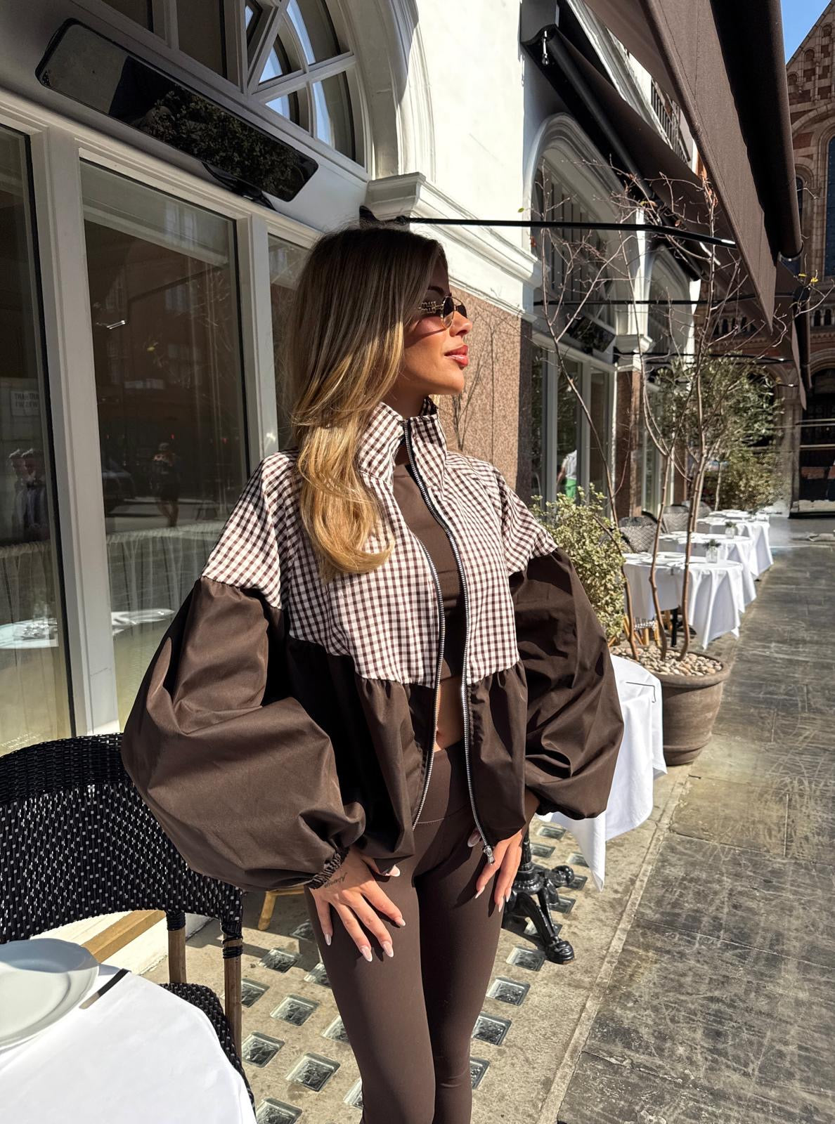 Puff arm gingham jacket - brown