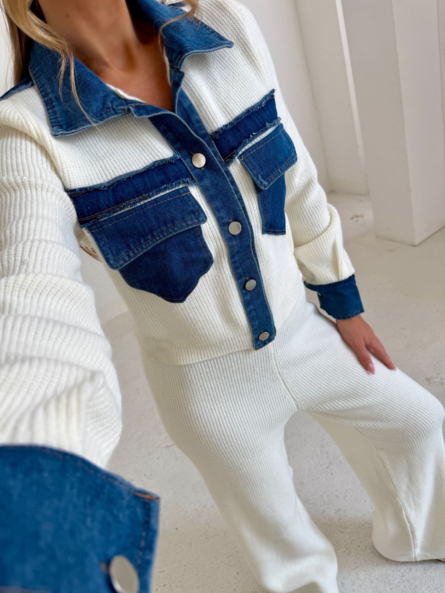 Collar Knit Denim Lounge Set - Cream