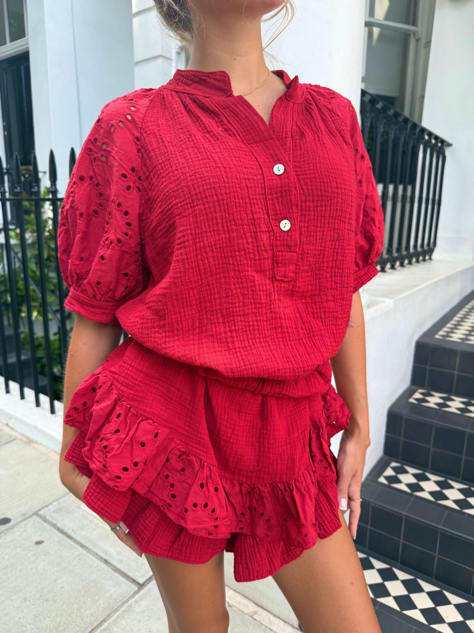 Cheesecloth co-ord anglaise sleeve - Red