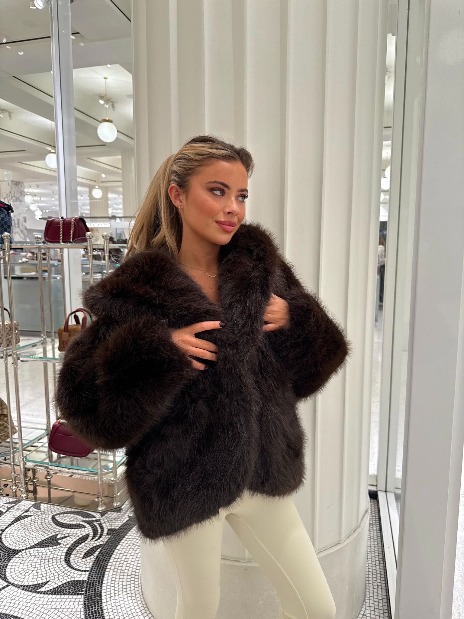 Hood Faux Fur Coat - Brown