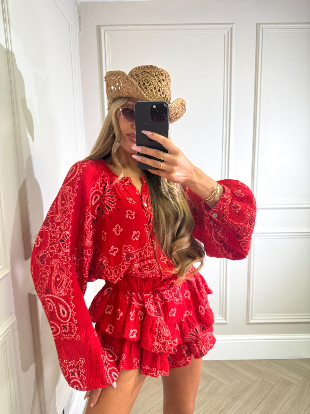 Grandad collar cheesecloth co-ord - Bandana red