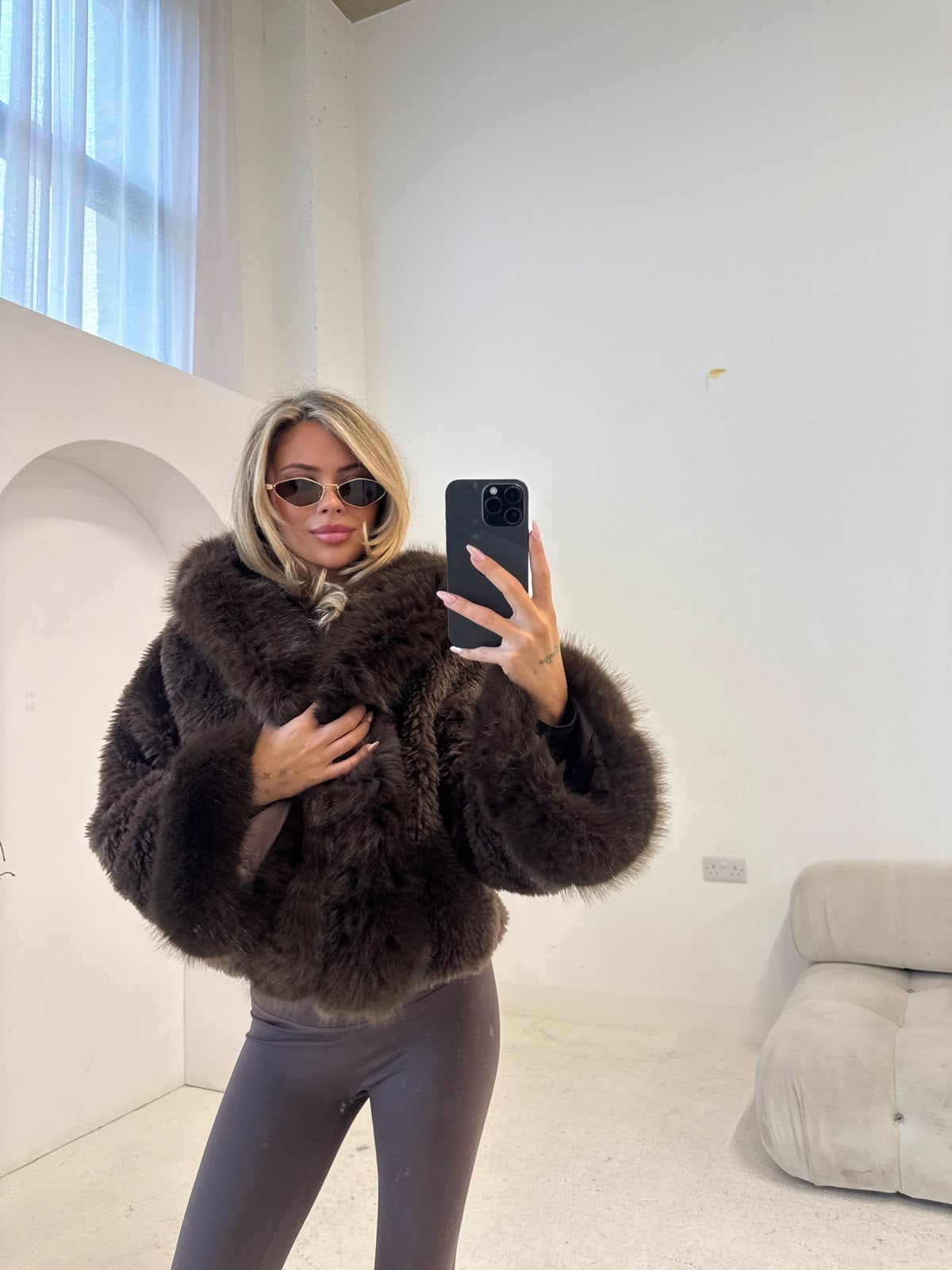 Faux Fur Coat With Hood - brown
