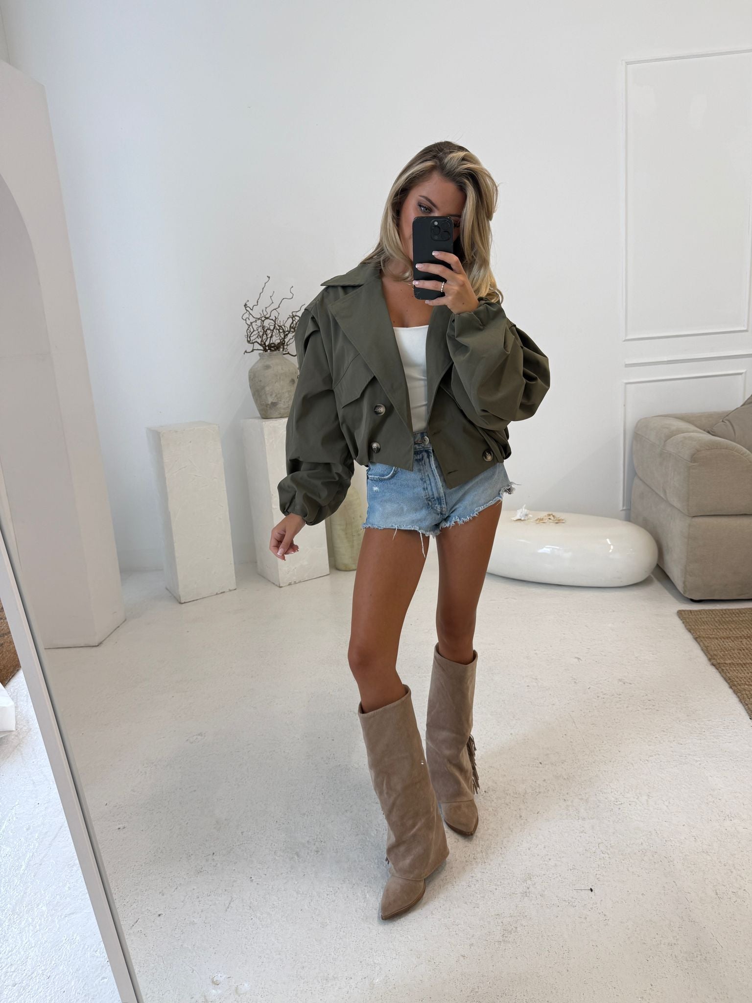 Balloon arm crop jacket - Khaki