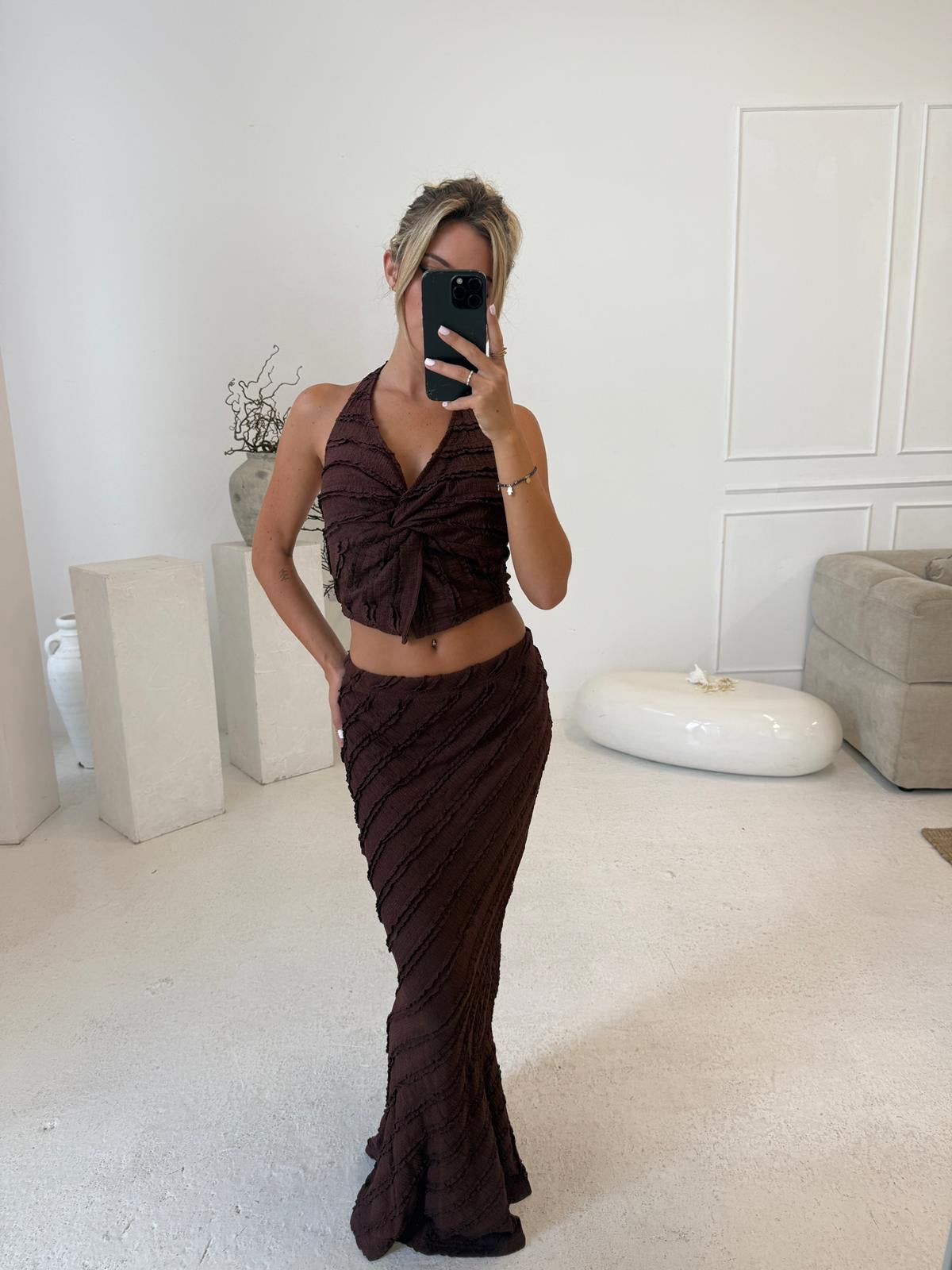 Halterneck crinkle skirt co-ord - brown