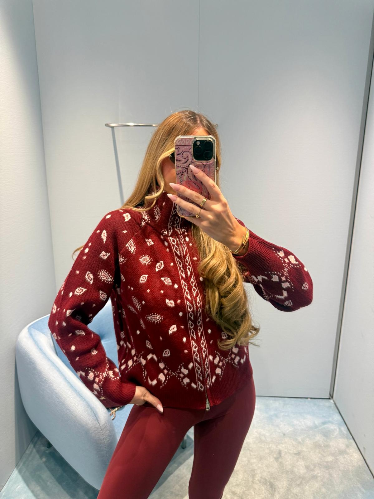 Paisley knit cardigan - burgundy