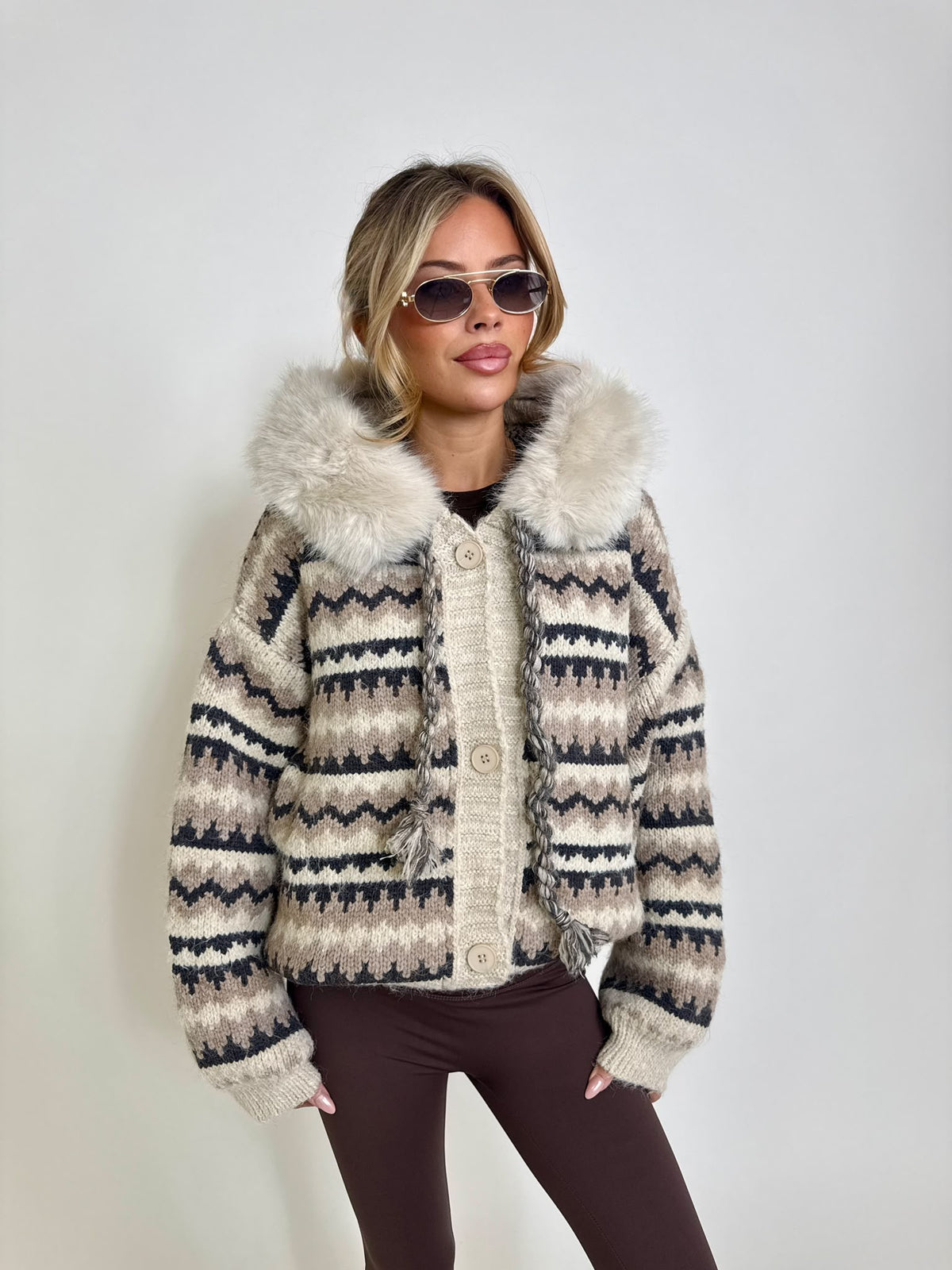 Aztec faux fur cardigan - cream