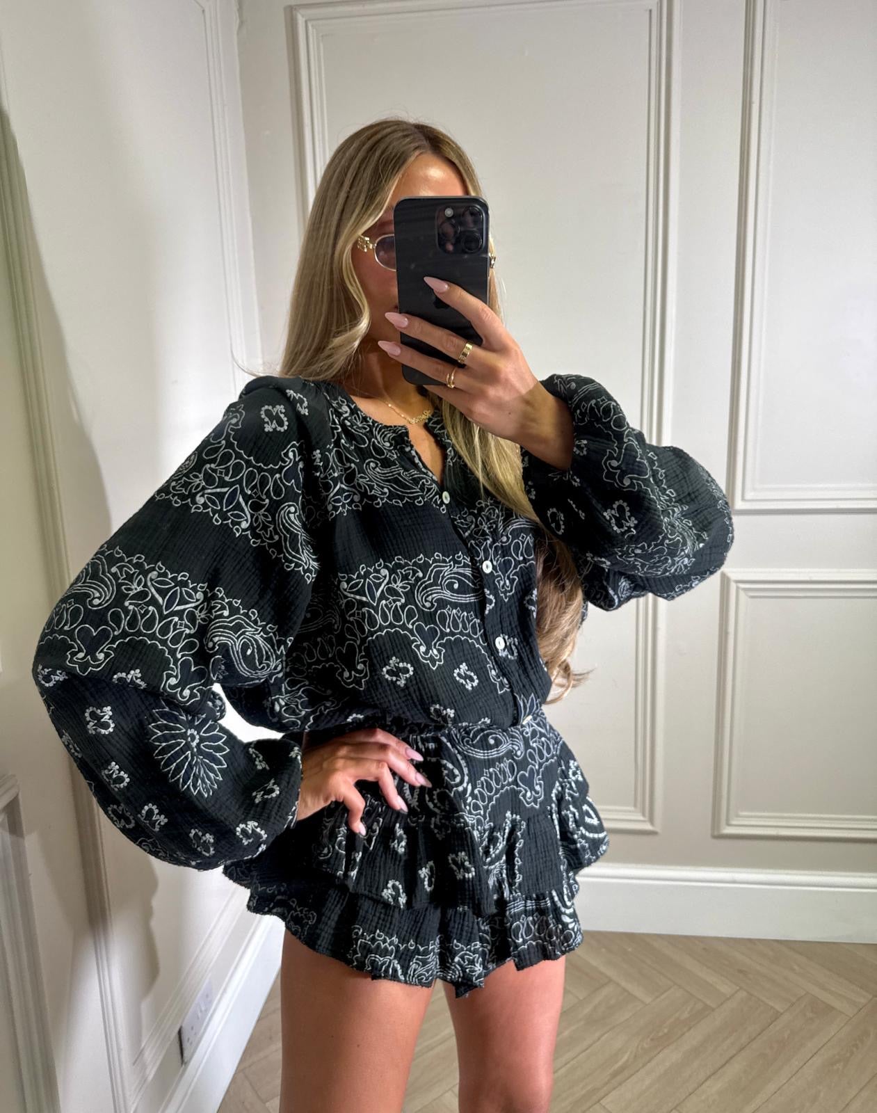 Grandad collar cheesecloth co-ord - Bandana black