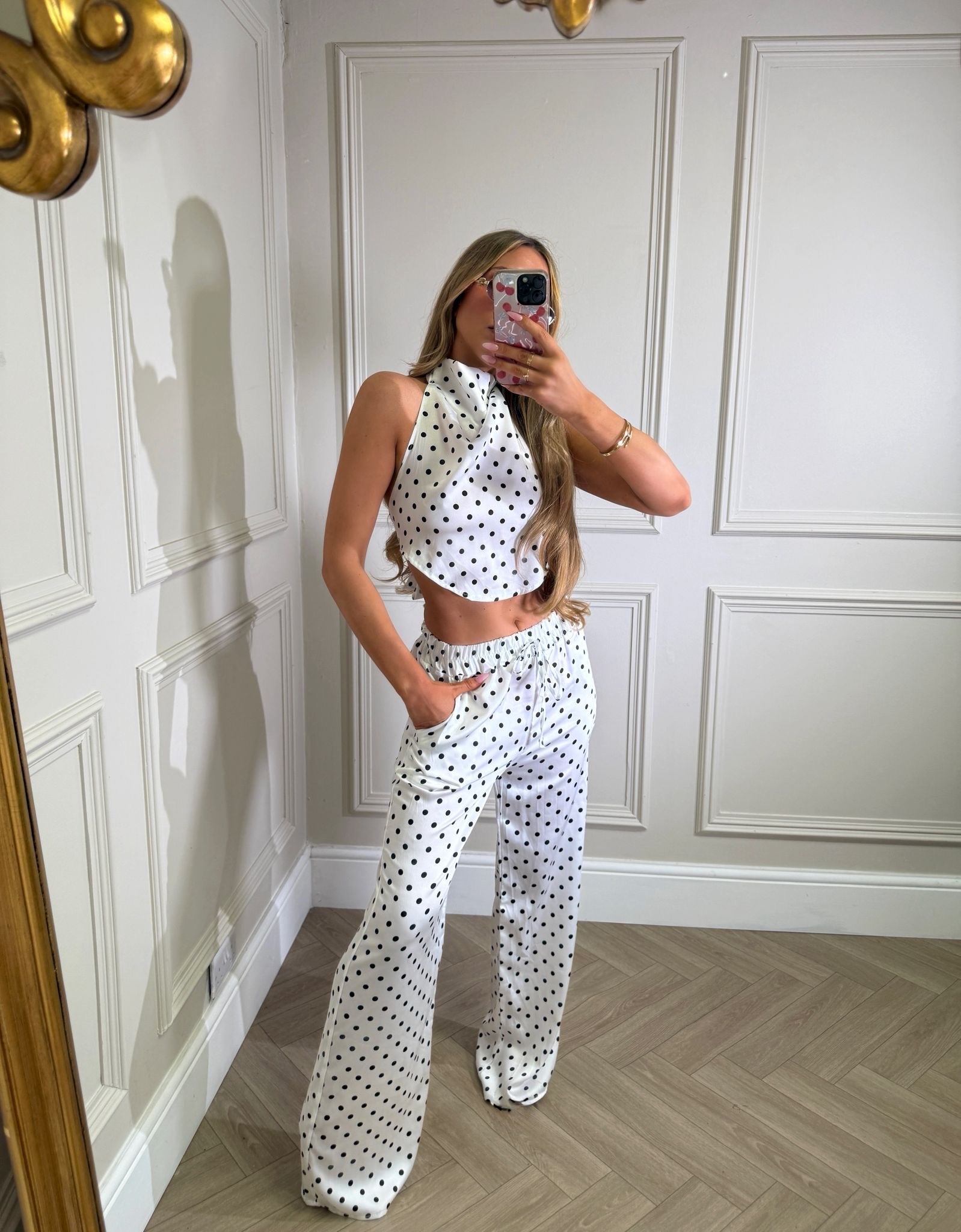 Halterneck dot trouser set - white