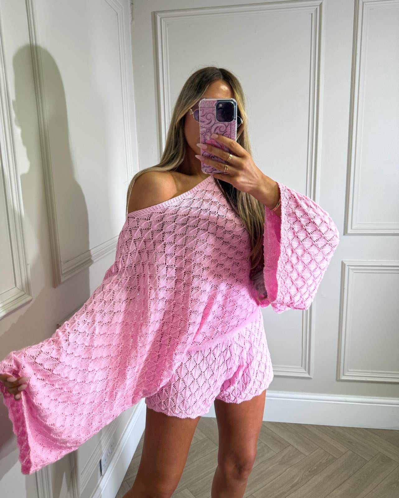 Off shoulder crochet co-ord - pink