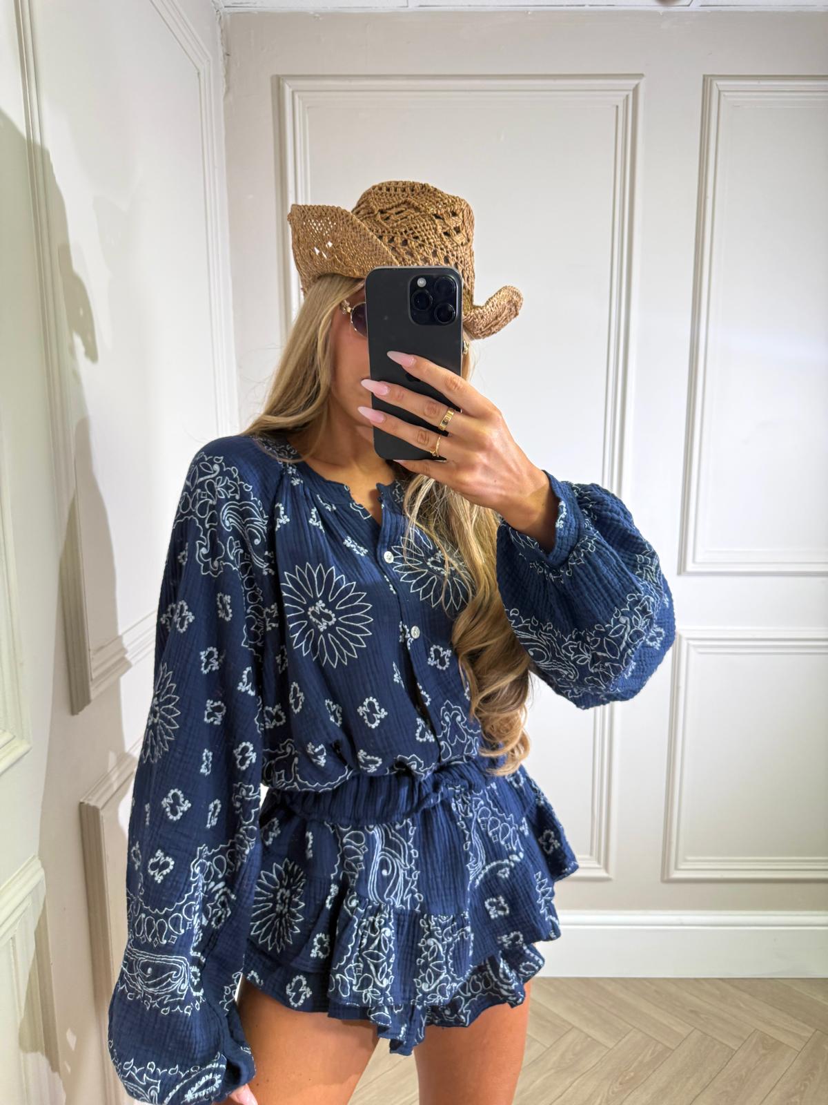 Grandad collar cheesecloth co-ord - Bandana navy