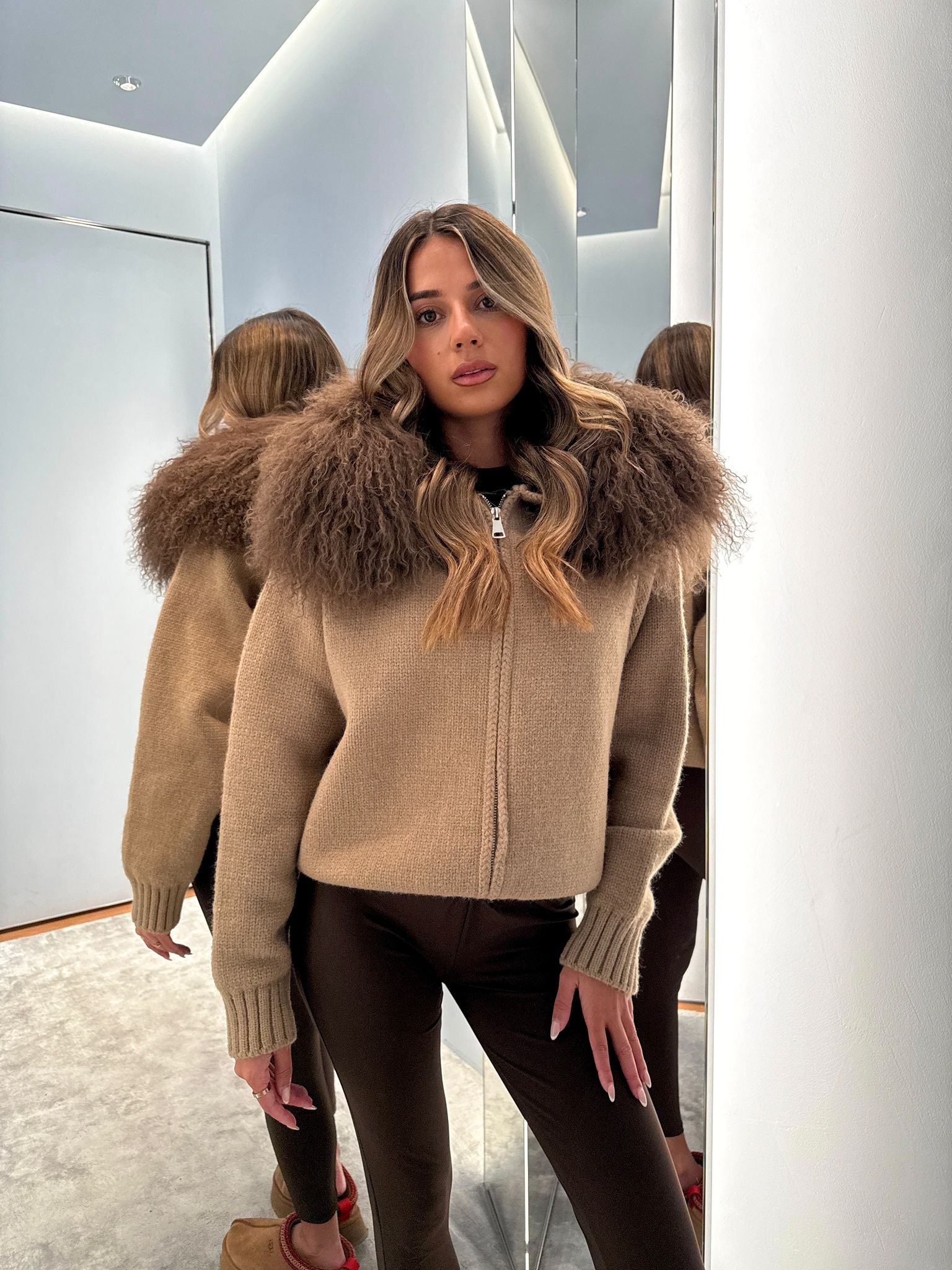 Mongolian Luxury Fur Cardigan Jacket - beige PRE ORDER