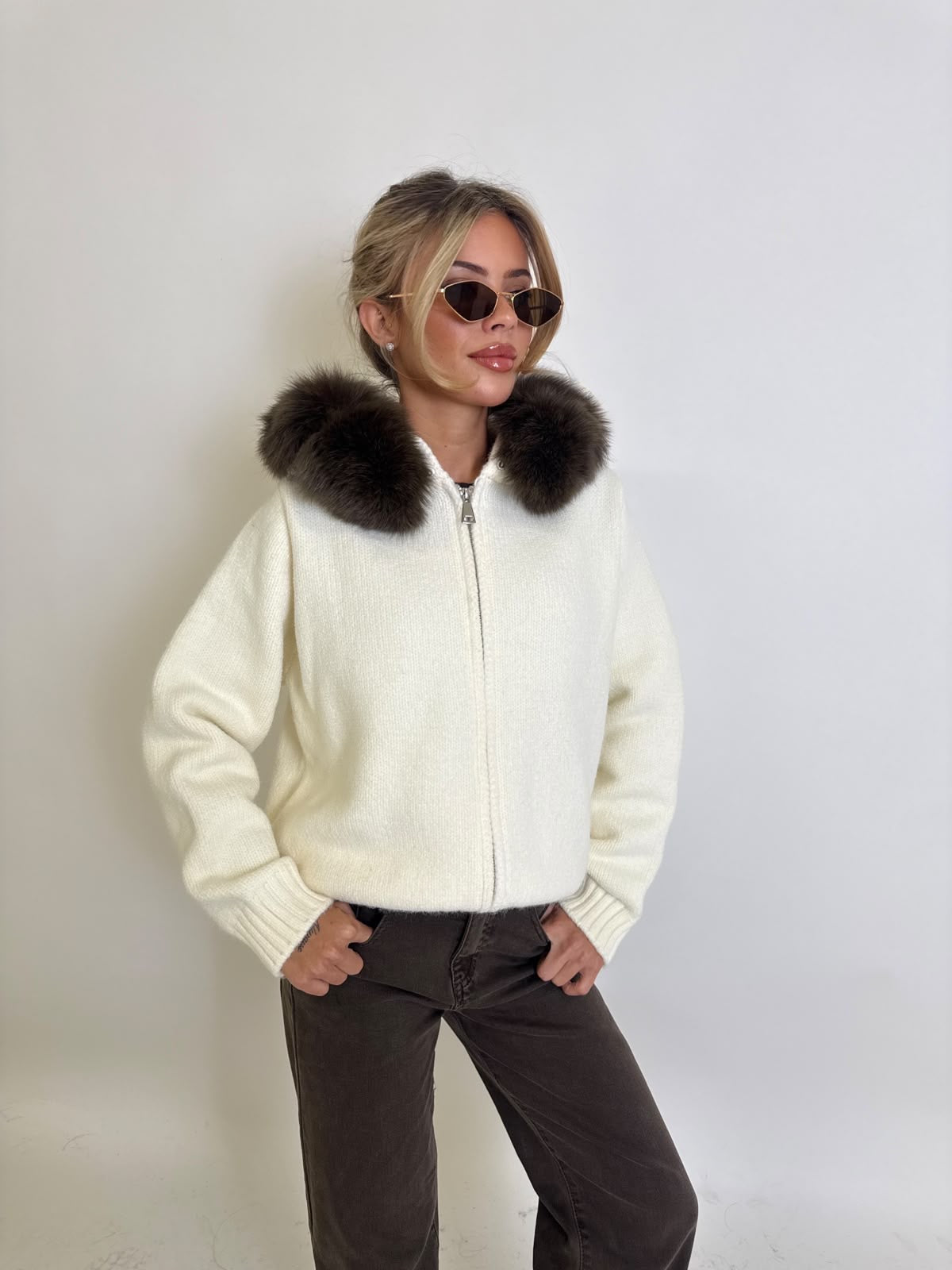 Luxury Fur Cardigan Jacket - cream with brown fur PRE ORDER