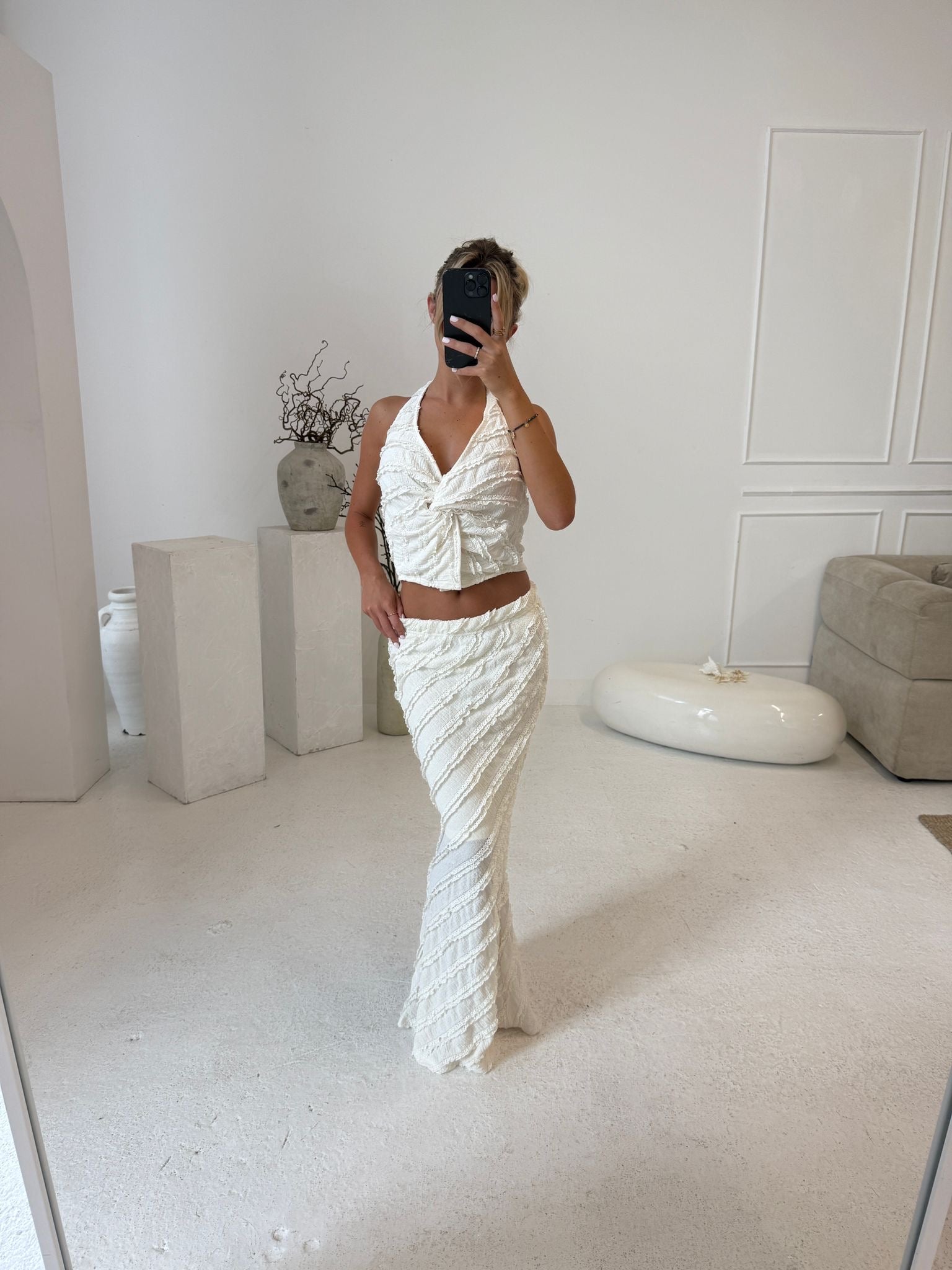 Halterneck crinkle skirt co-ord - cream