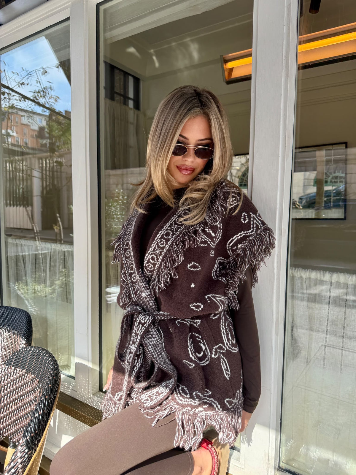 Bandana knit fringe cardigan - brown