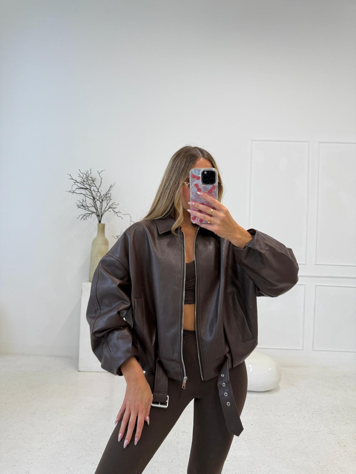 Faux leather belt jacket - chocolate