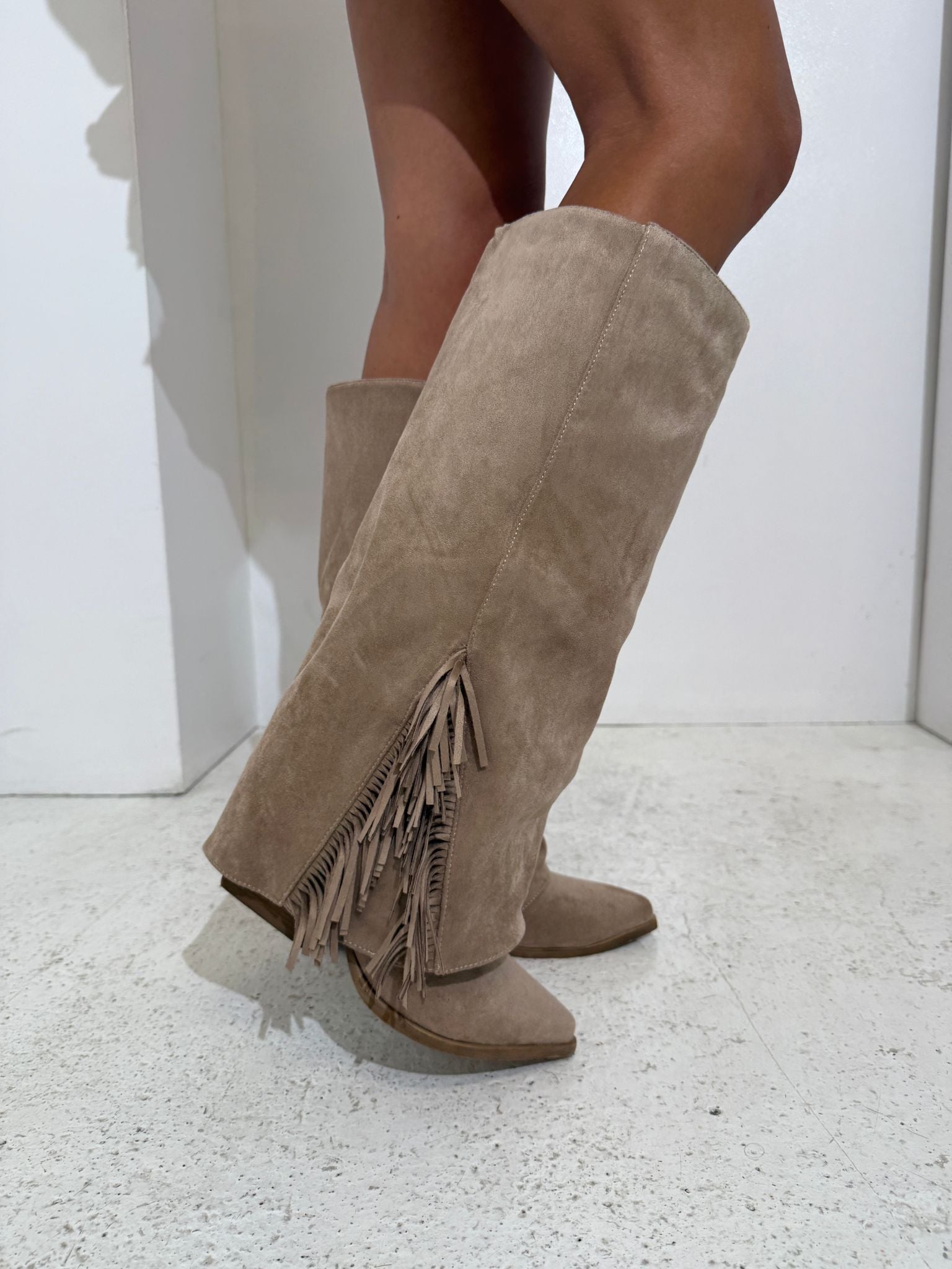 Fold over suede side tassel boots - beige