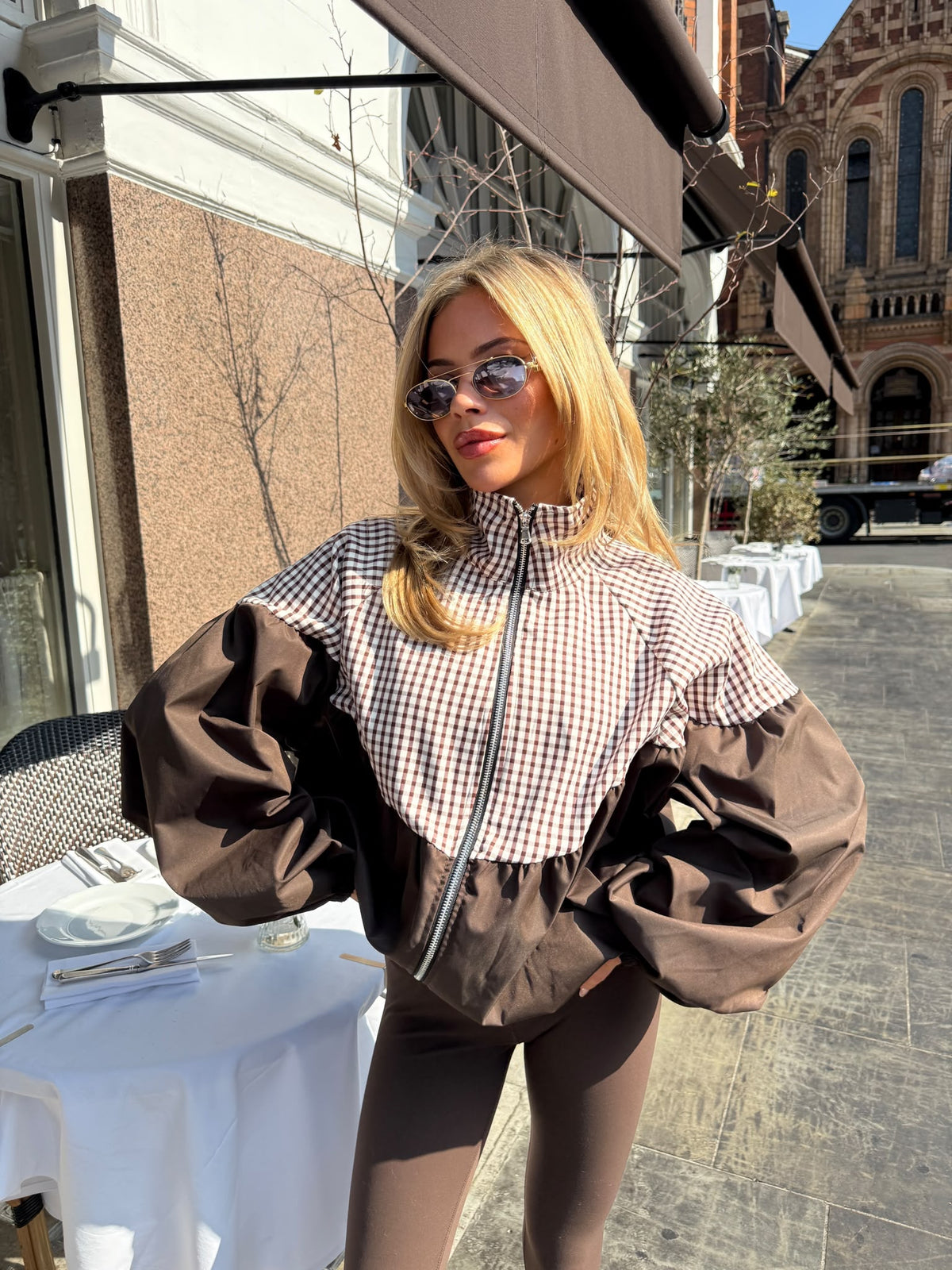 Puff arm gingham jacket - brown
