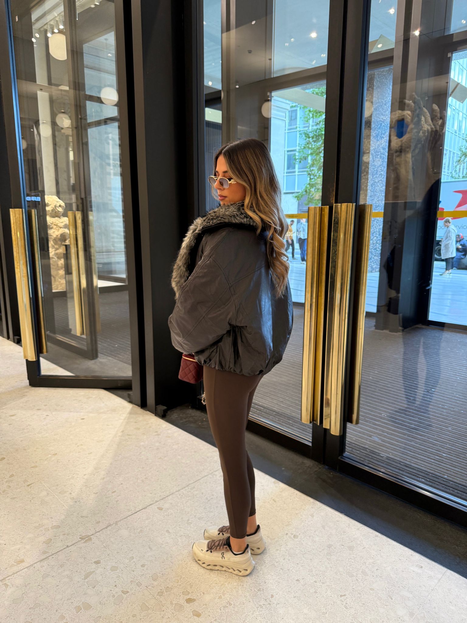 Faux fur leather coat - brown