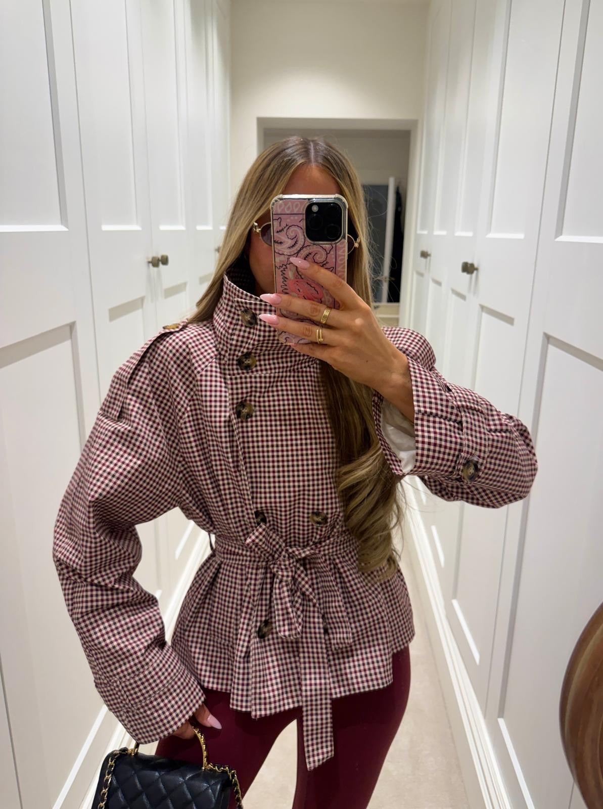 Gingham trench jacket - wine