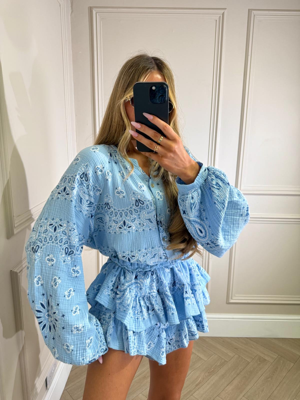 Grandad collar cheesecloth co-ord - Bandana blue