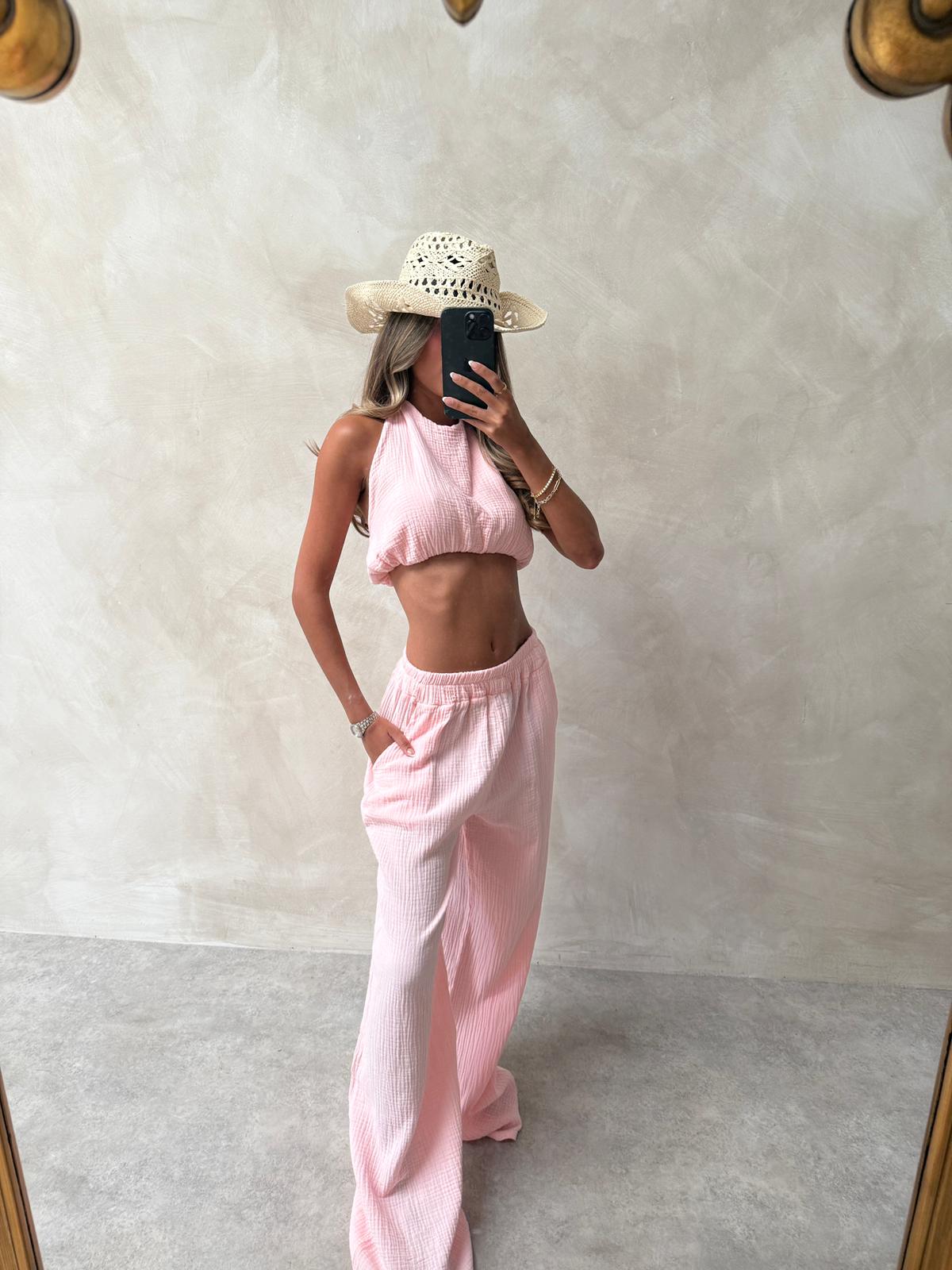 Ibiza Cheesecloth halterneck set - baby pink