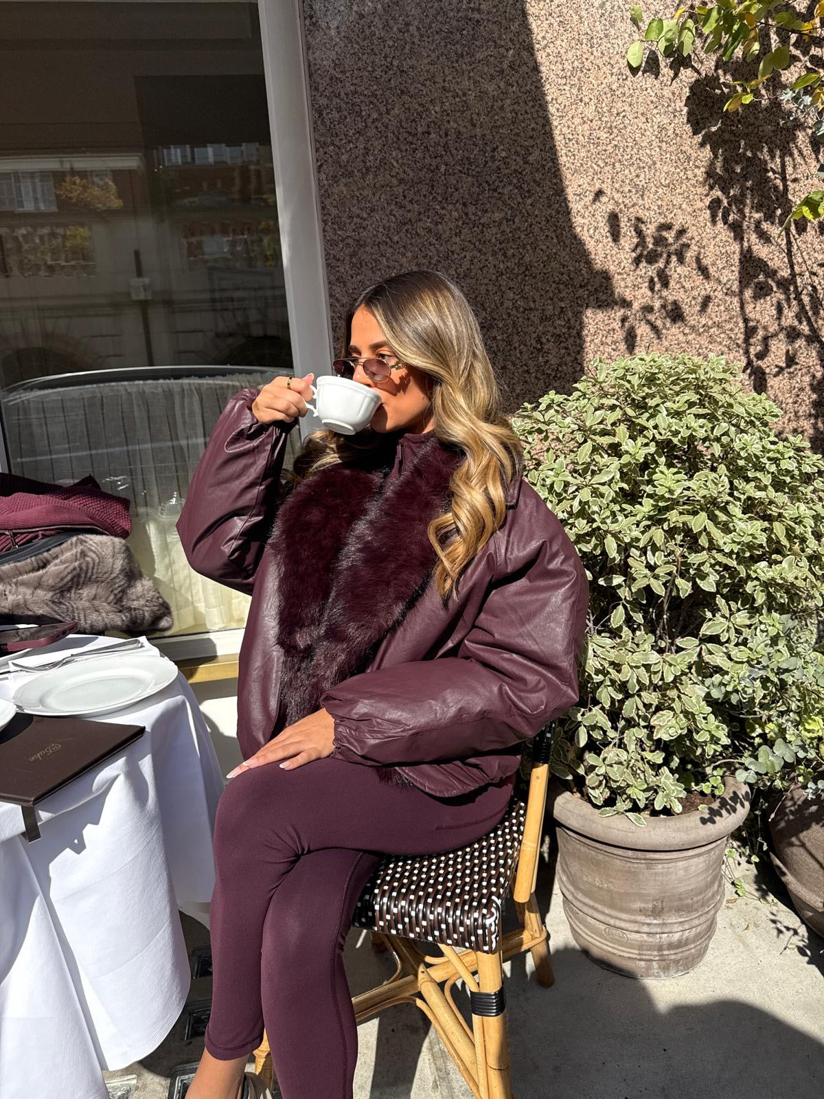 Faux fur leather coat - burgundy