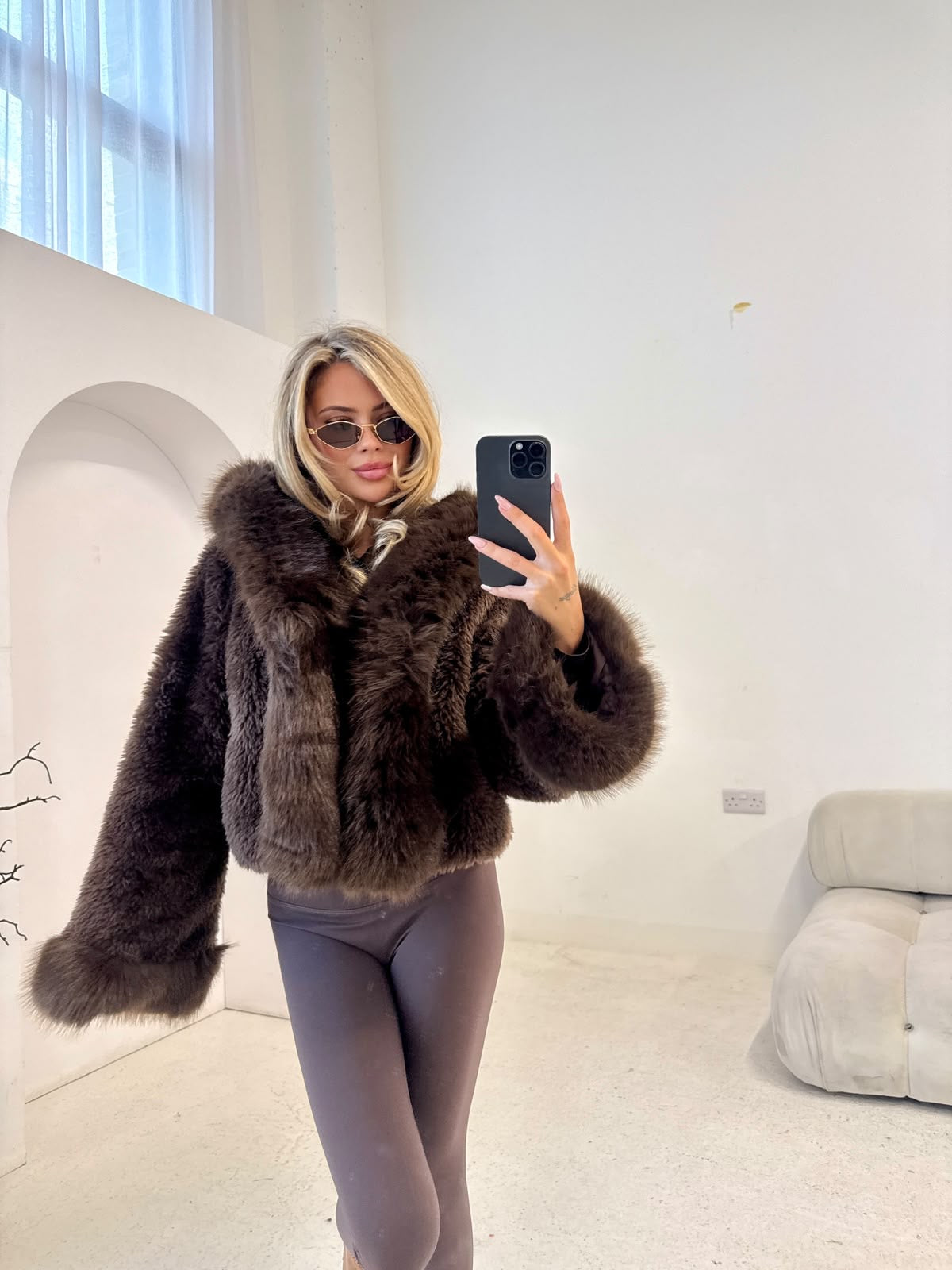 Faux Fur Coat With Hood - brown