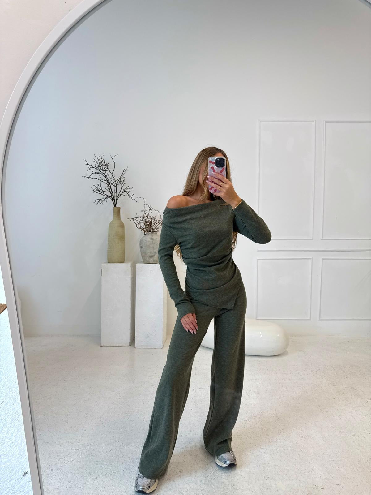Knit asymmetric lounge set - khaki