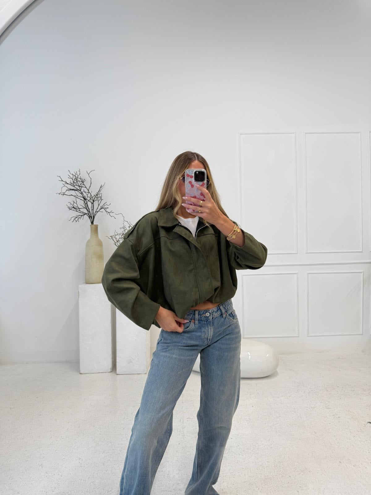 Suede zip jacket - khaki