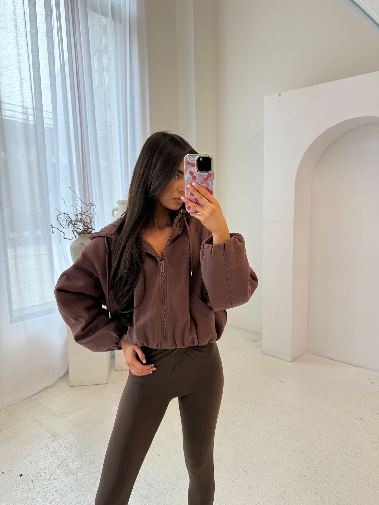 Bubble hem Zip Jumper - chocolate