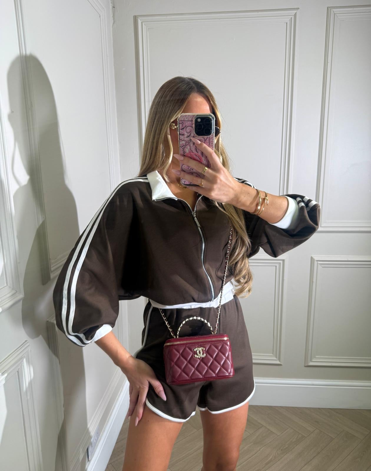 Zip up track short set - brown