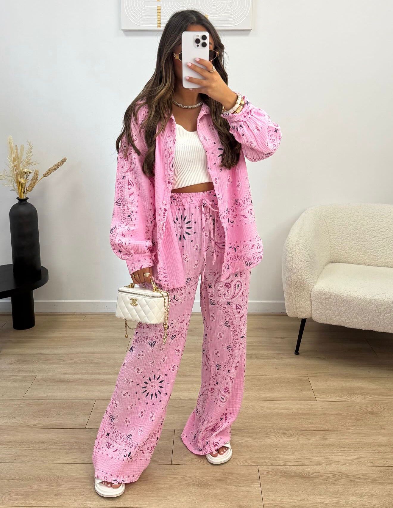 Bandana linen trouser set - pink