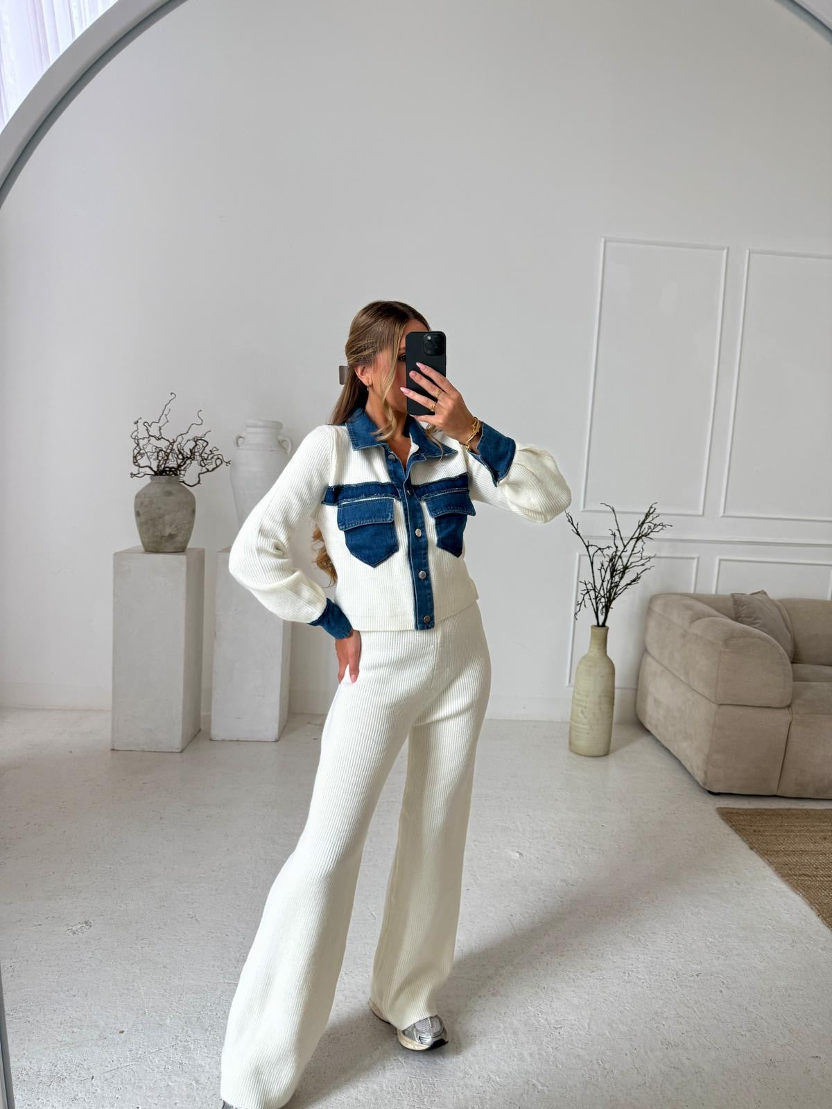 Collar Knit Denim Lounge Set - Cream