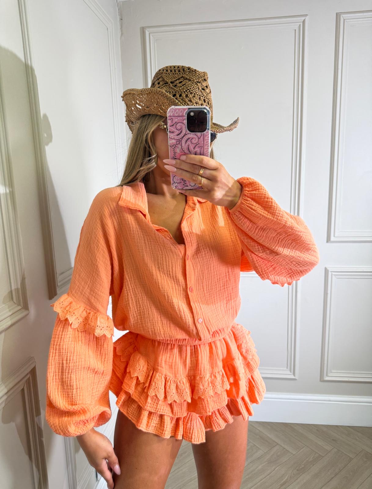 Grandad collar cheesecloth co-ord - orange