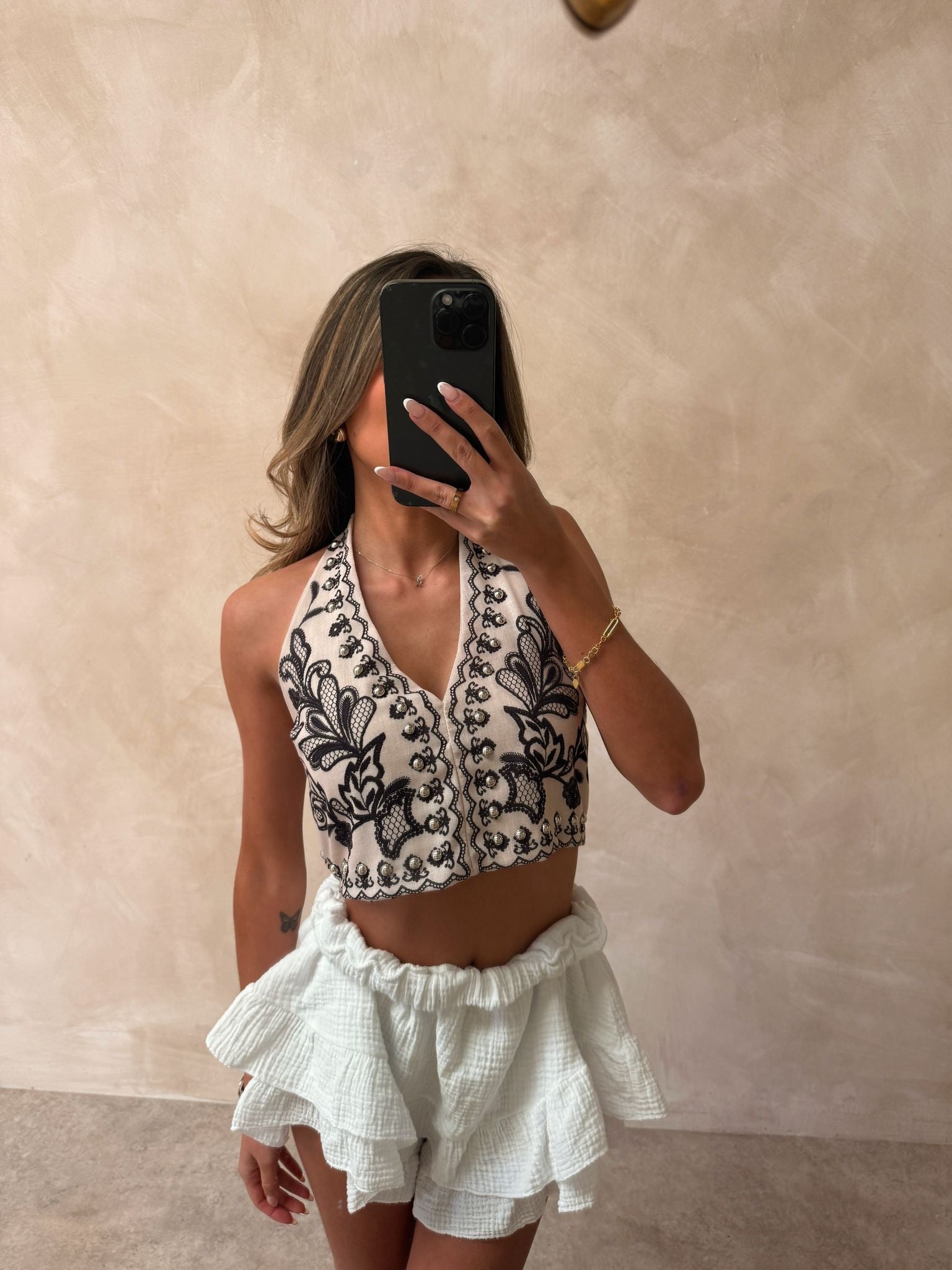 Halter neck pattern top - black