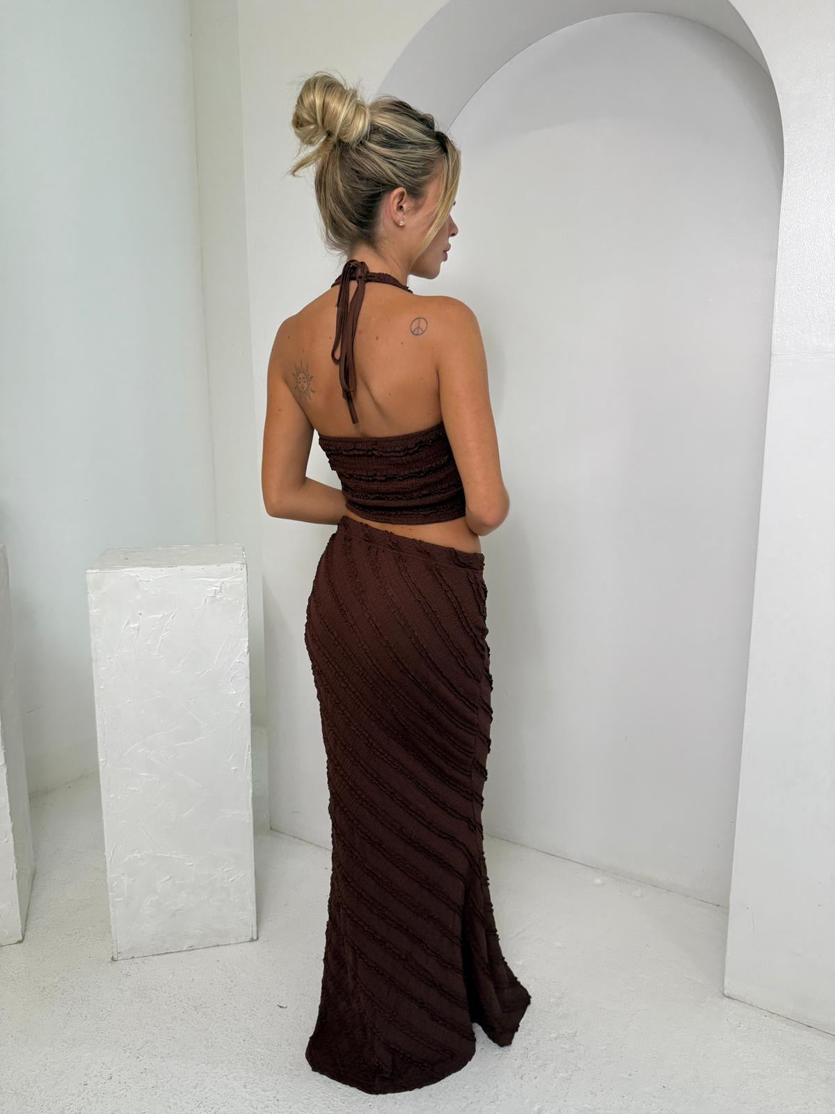 Halterneck crinkle skirt co-ord - brown